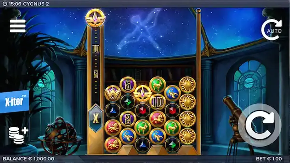 Captura de tela do jogo Cygnus 2, mostrando a grade de símbolos com tema de observatório e constelação Cygnus ao fundo.