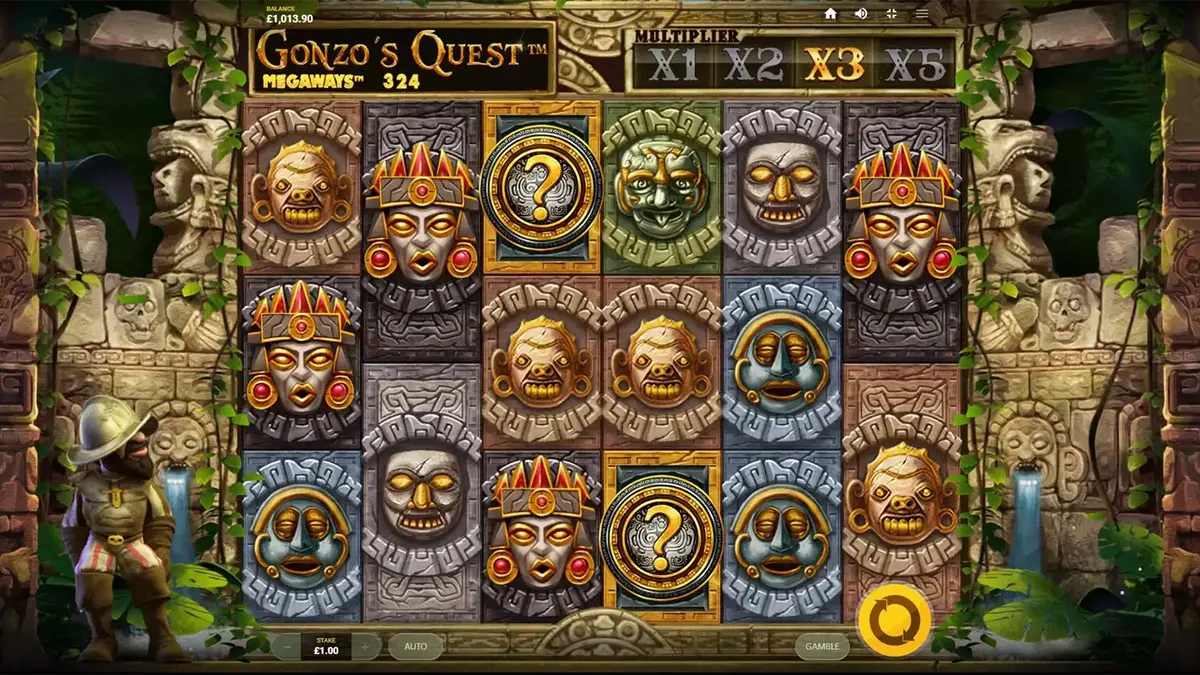 Gonzo em frente a um templo maia em Gonzo's Quest Megaways