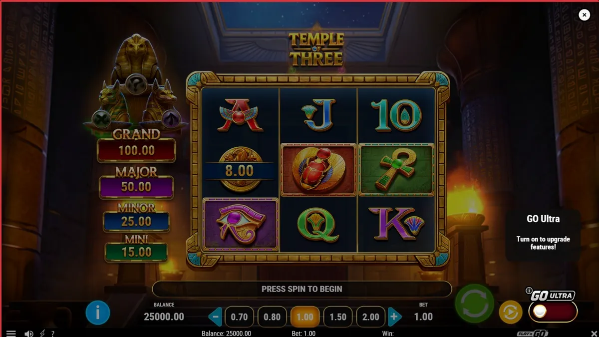 Interface do slot Temple of Three com estátuas de divindades egípcias e símbolos de ouro