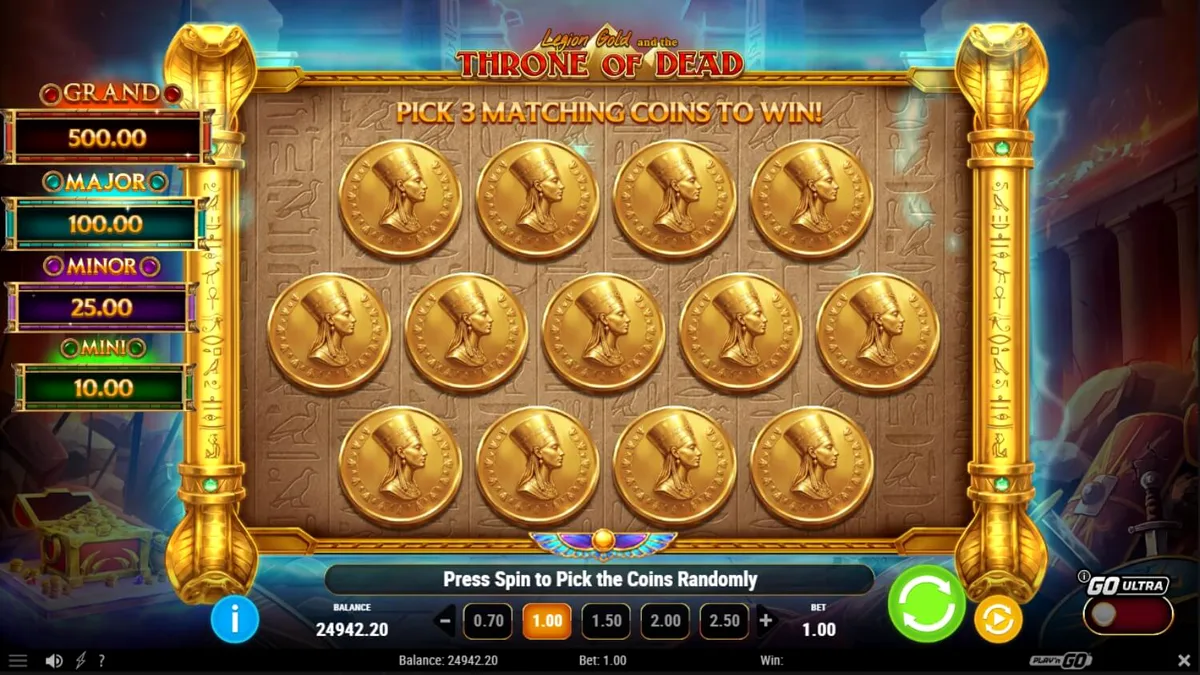 Legion Gold and the Throne of Dead slot interface com tema egípcio e romano