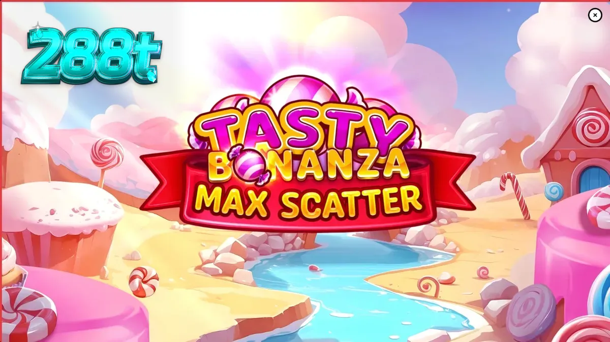 Interface colorida e vibrante do slot Tasty Bonanza Max Scatter com doces e guloseimas.